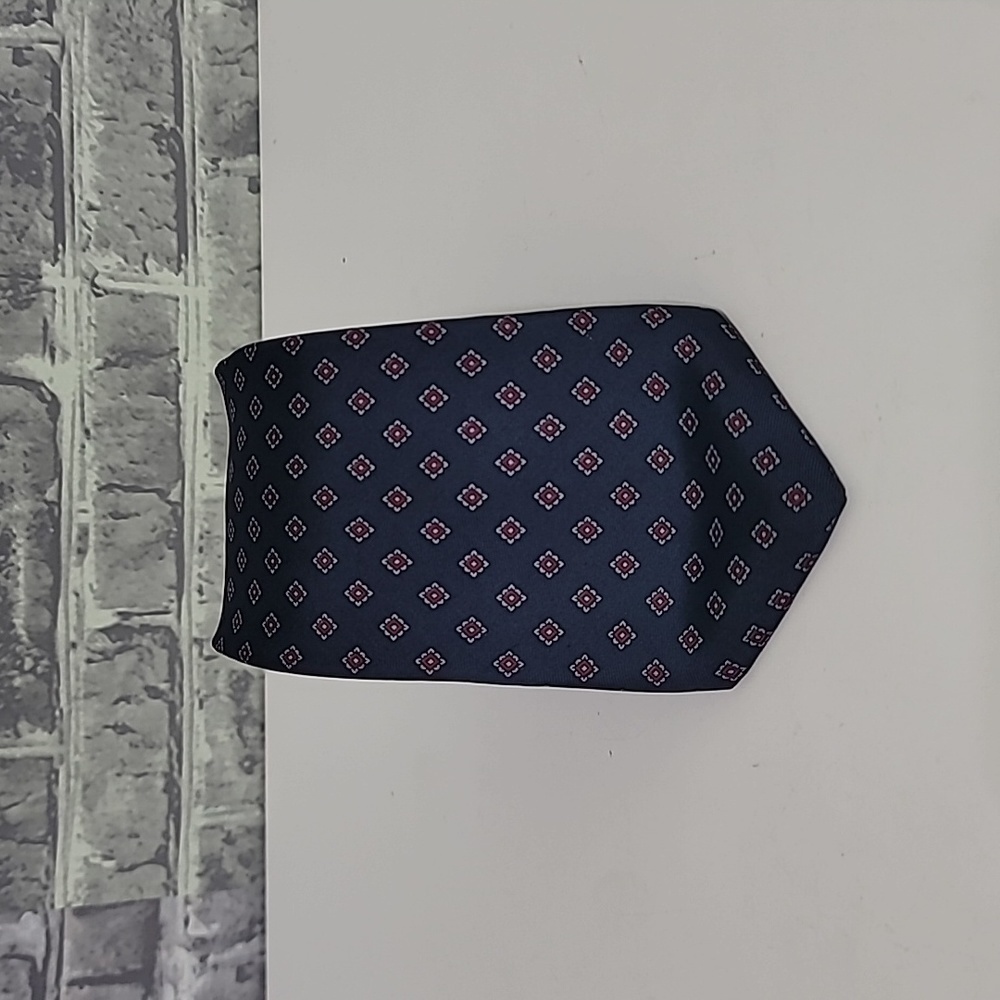 Yves Saint Laurent Men's Tie 59.5" Navy Blue Orange Lining White Leaf Diamond